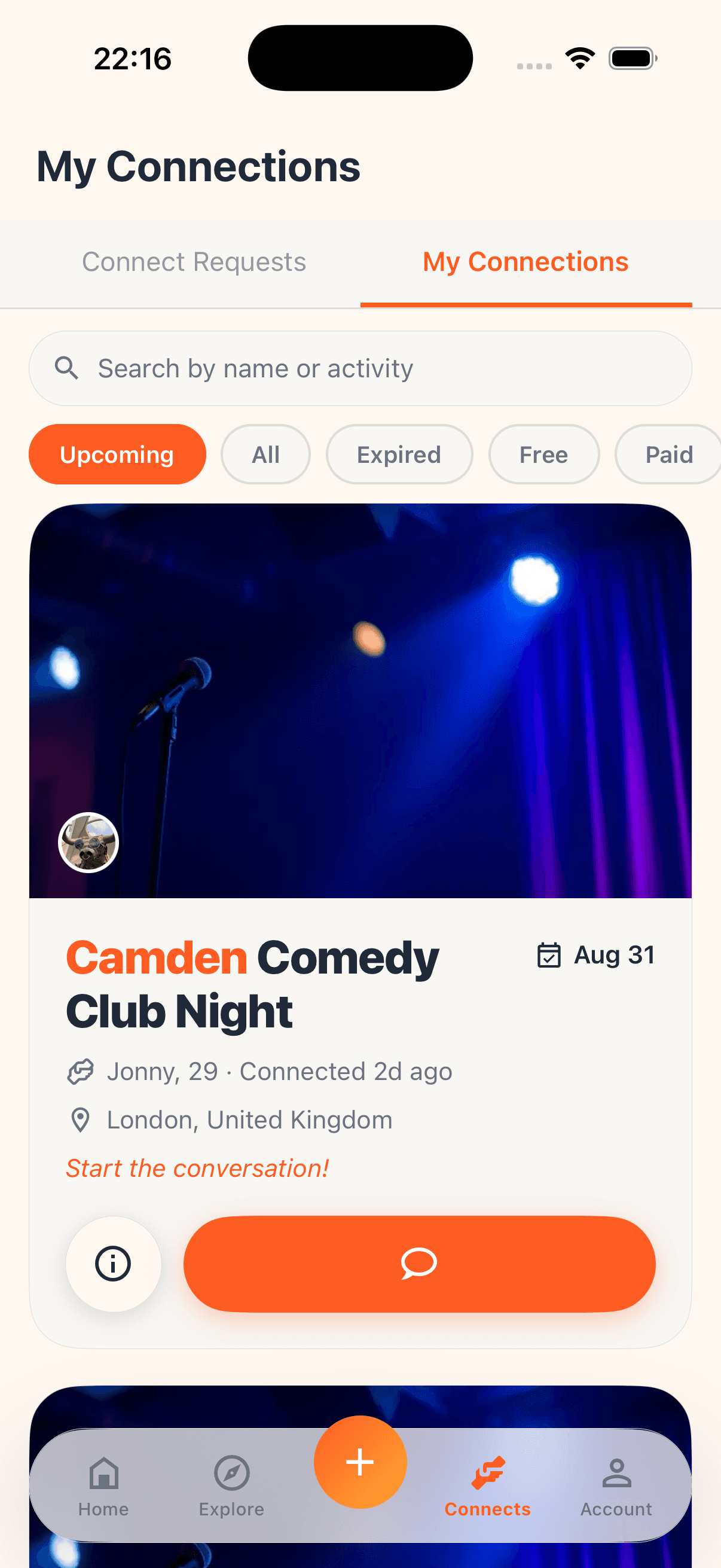 Sunnr app showing a confirmed connection for a comedy club night